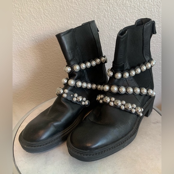 Zara Black Leather Pearl Straps Ankle Boots Block Heel Size 6!! - Picture 10 of 15